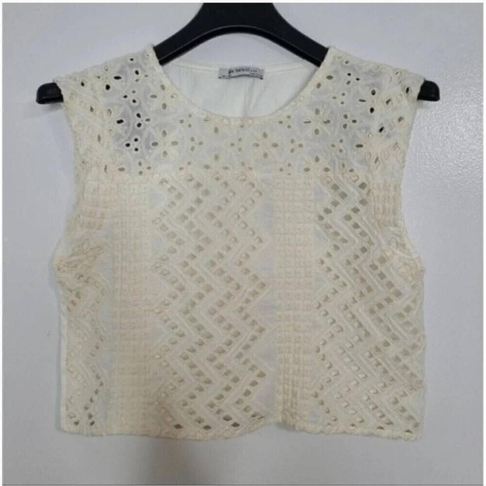 Zara Guipure Embroidery Crop Blouse Lace Short Sleeve Crewneck Size Small - Picture 9 of 12